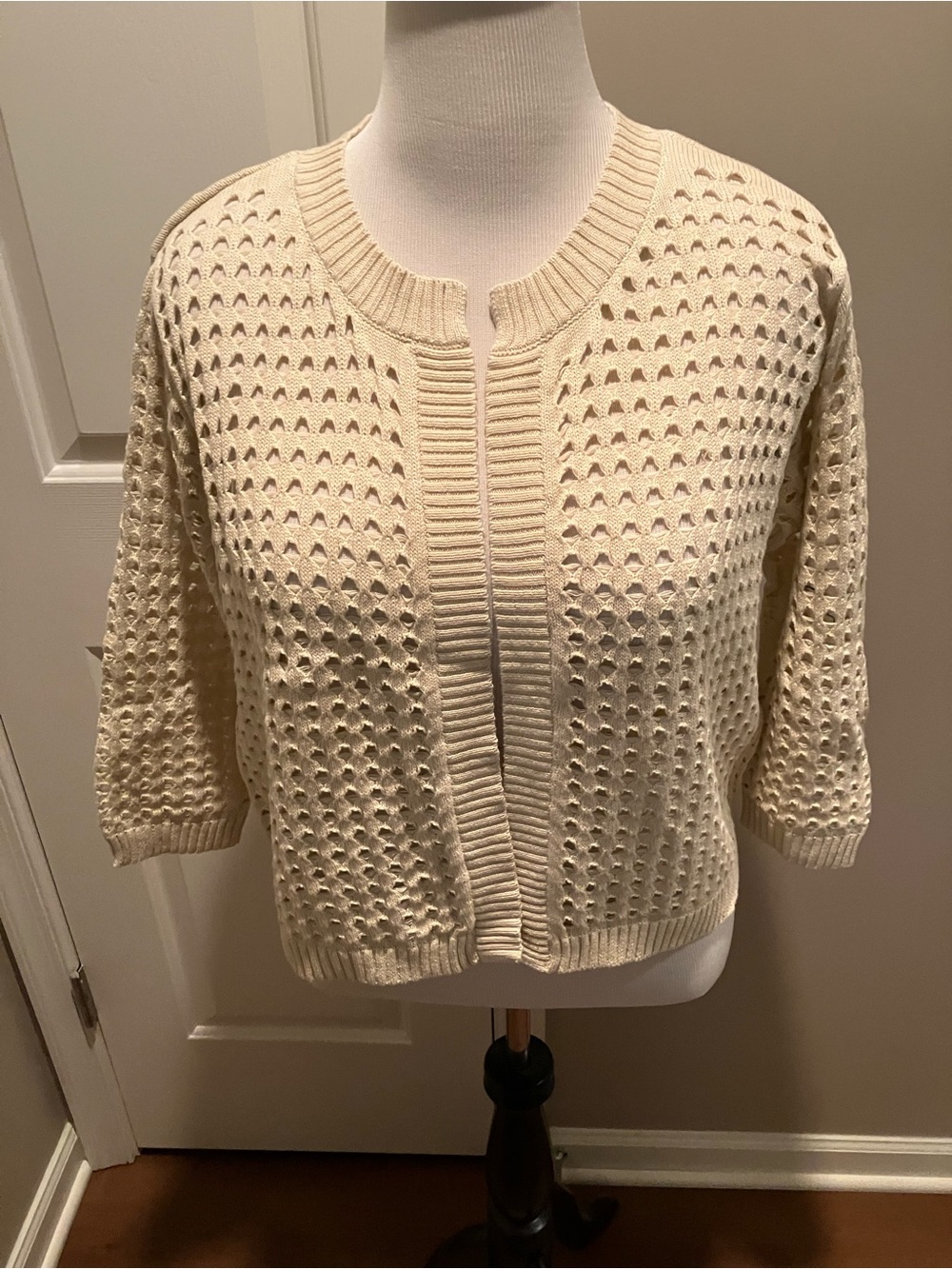 DKNY Cream Openwork Short-Sleeve Cardigan
